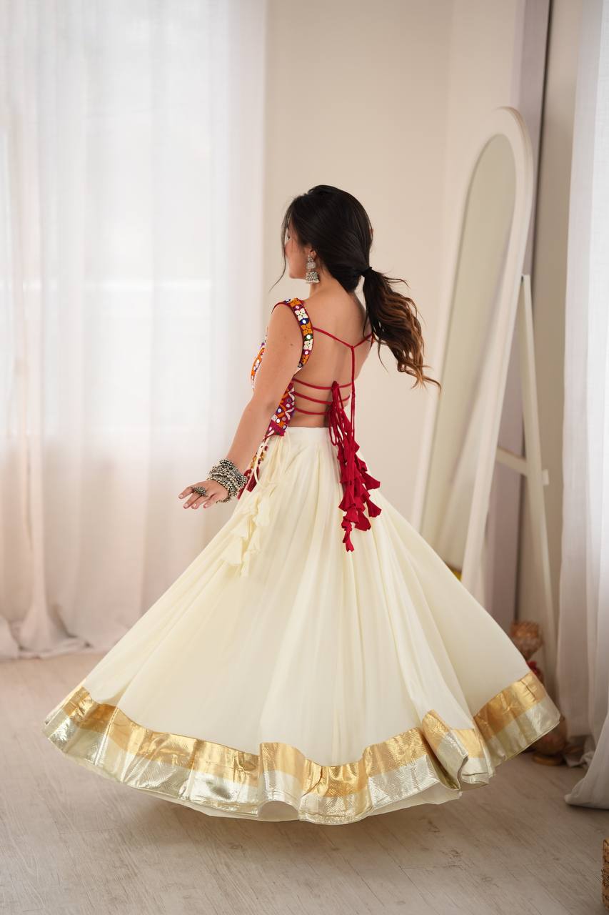White Embroidered Chaniya Choli with Mirror Work & Gold Border