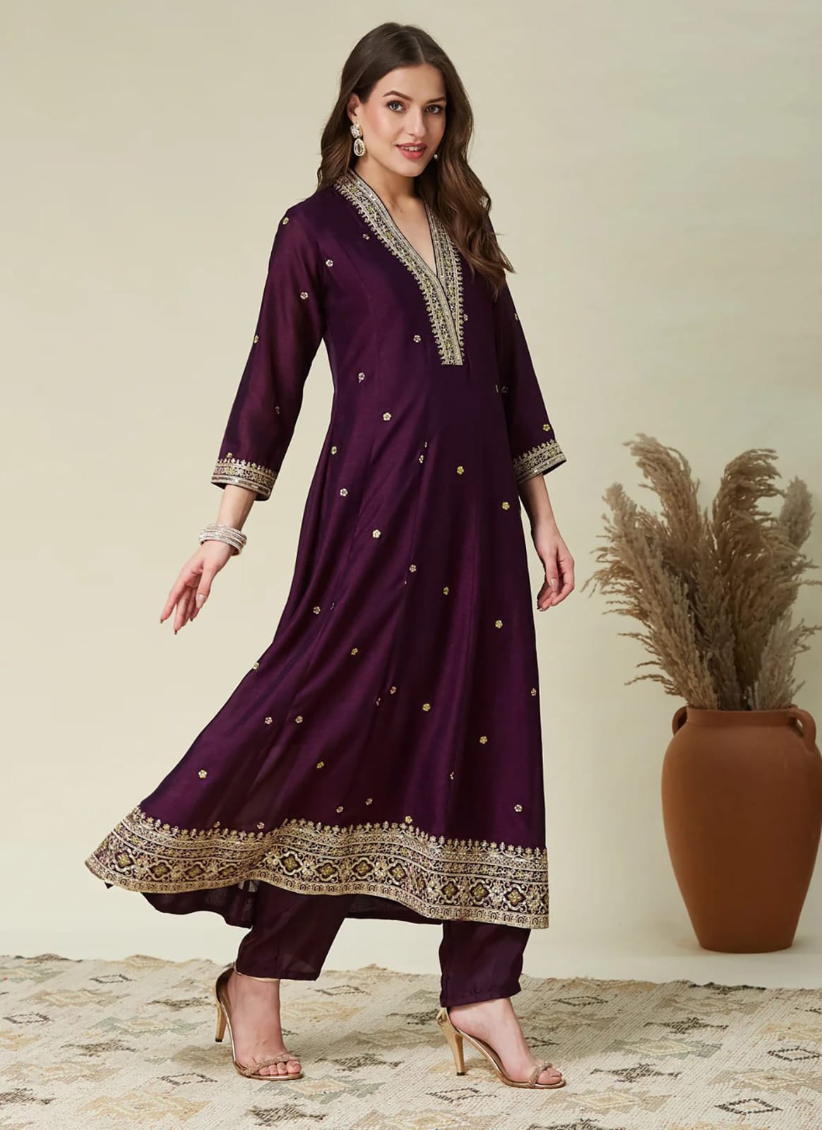 Deep Purple Embroidered Kurta Set