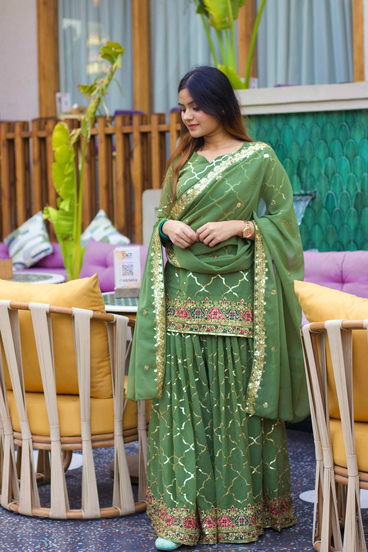 Bottle Green Embroidered Sharara Suit Set with Dupatta