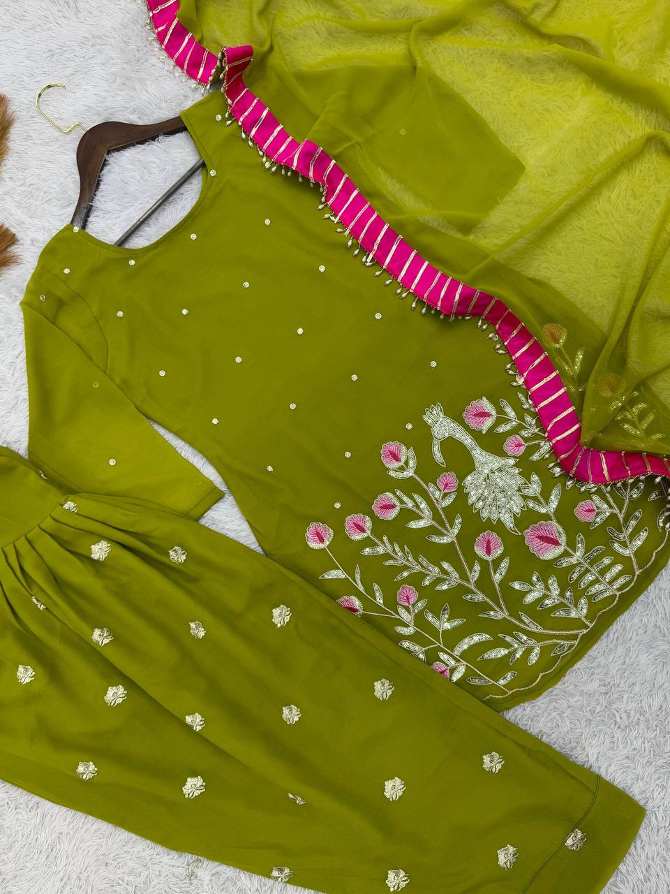 Olive Green Embroidered Patiala Suit with Dupatta