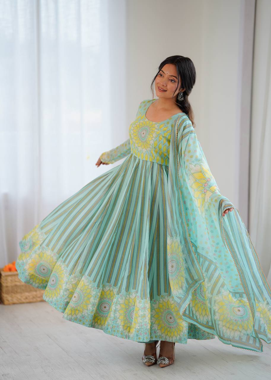 Pastel Aqua Printed Anarkali Suit Set with Floral Dupatta