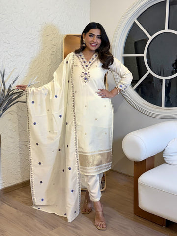 Women's Off White Embroidered Silk  Kurta Set
