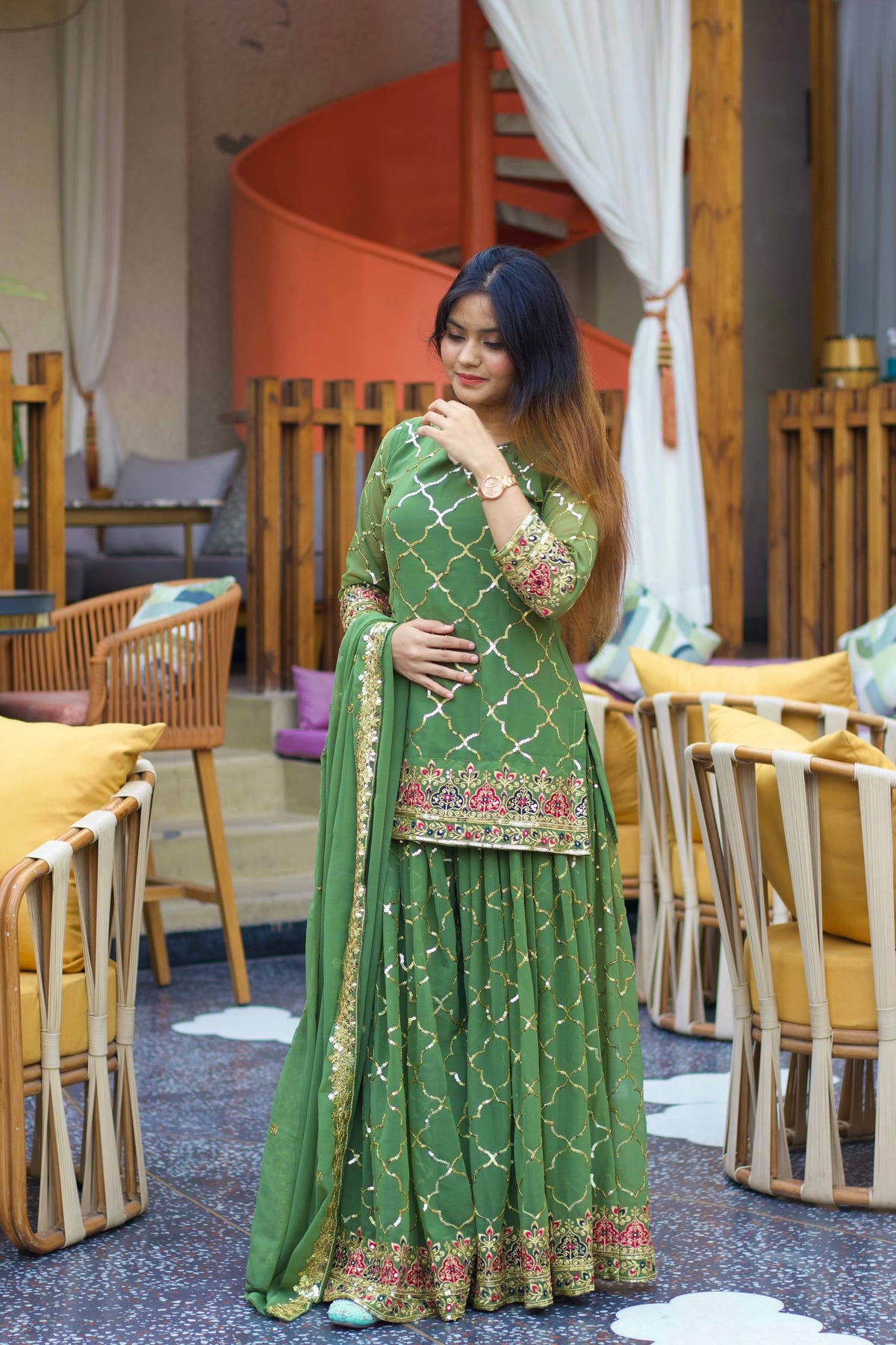 Bottle Green Embroidered Sharara Suit Set with Dupatta