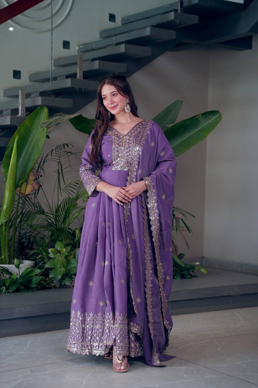 Lavender Purple Embroidered Anarkali Suit With Dupatta