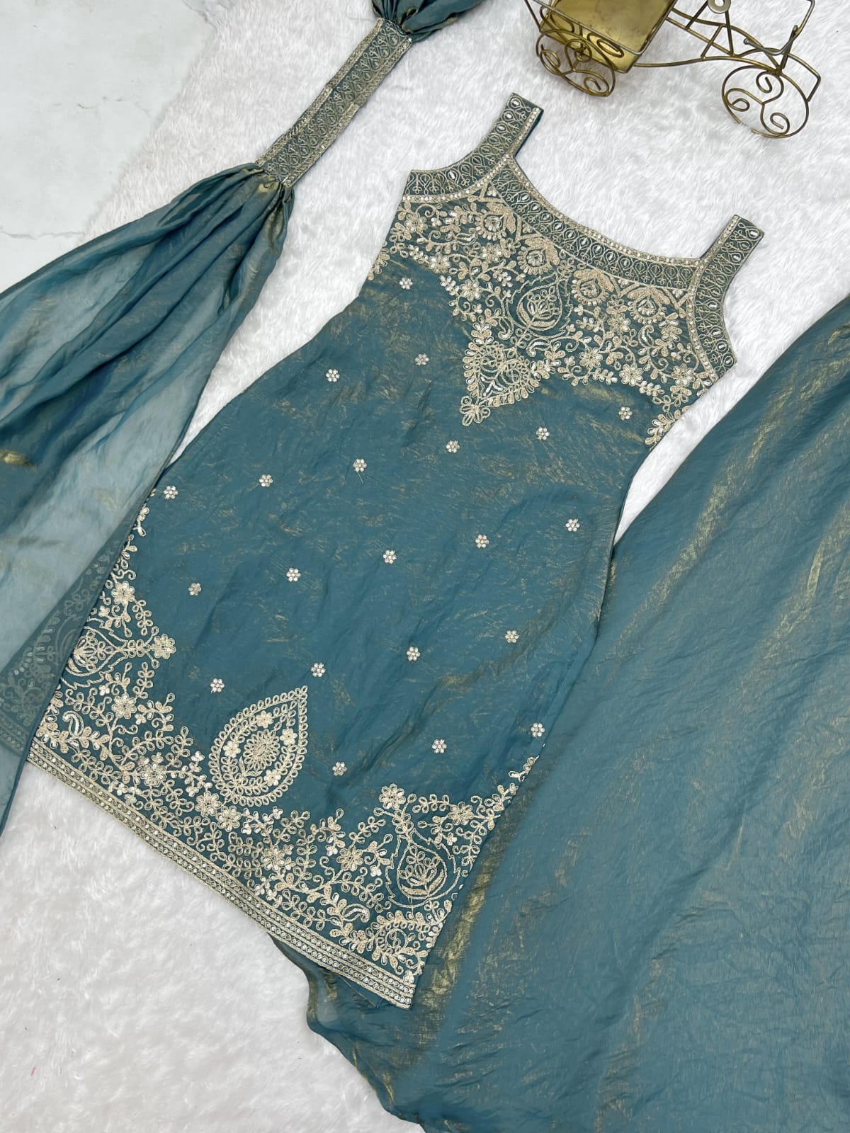 Sea Green Embroidered Kurta Sharara Set