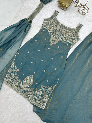 Sea Green Embroidered Kurta Sharara Set