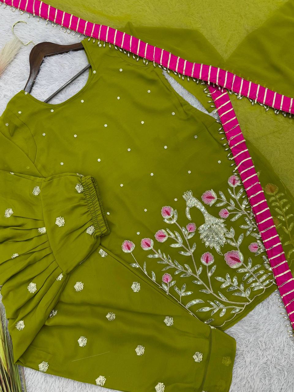 Olive Green Embroidered Patiala Suit with Dupatta