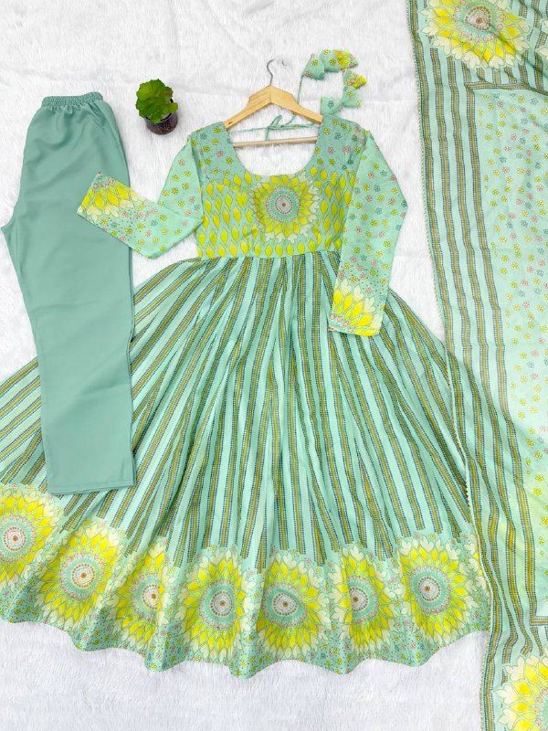 Pastel Aqua Printed Anarkali Suit Set with Floral Dupatta