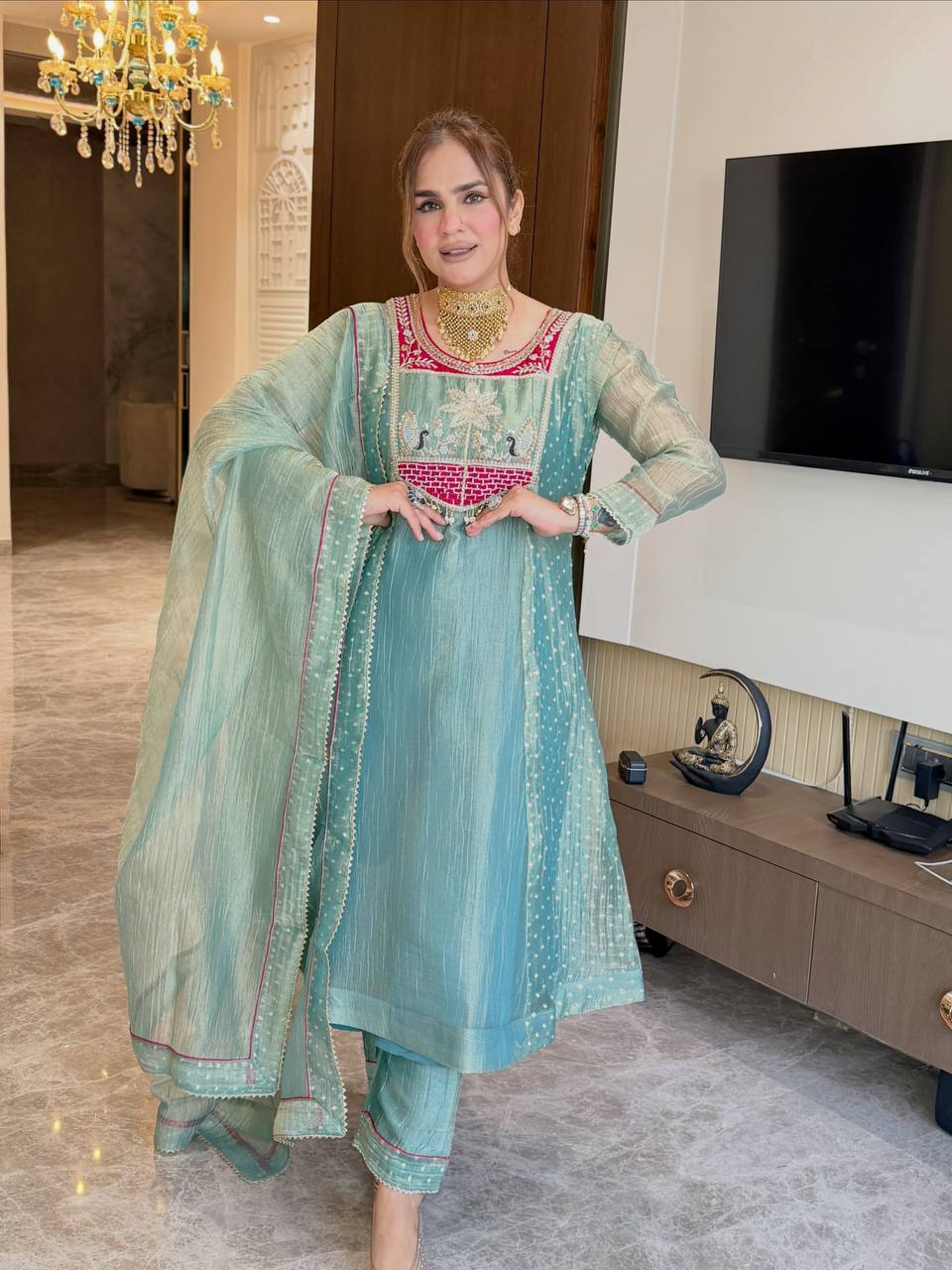 Sea Green Embroidered A-Line Cut Salsa Silk Top - Pent & dupatta set