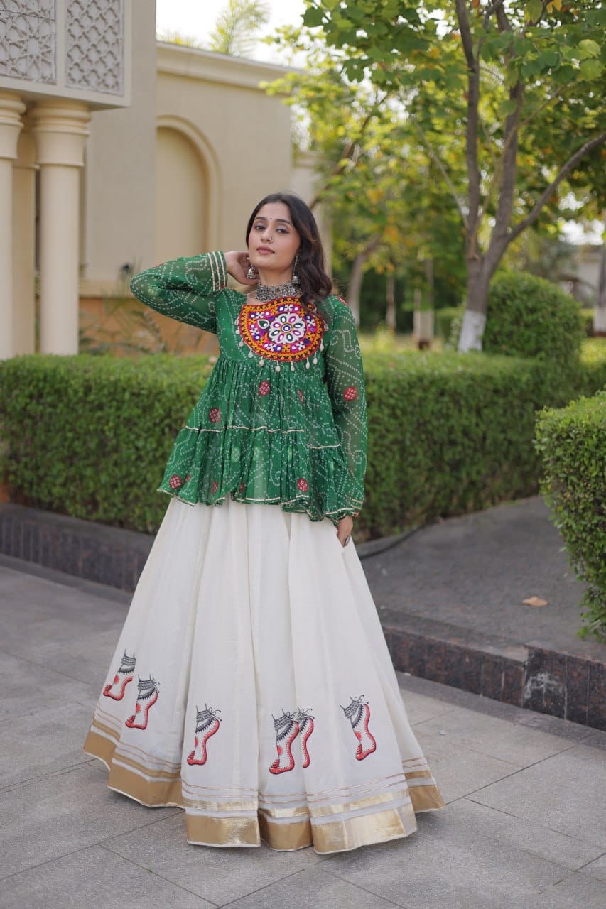 Green Printed Top with White Flared Lehenga Set