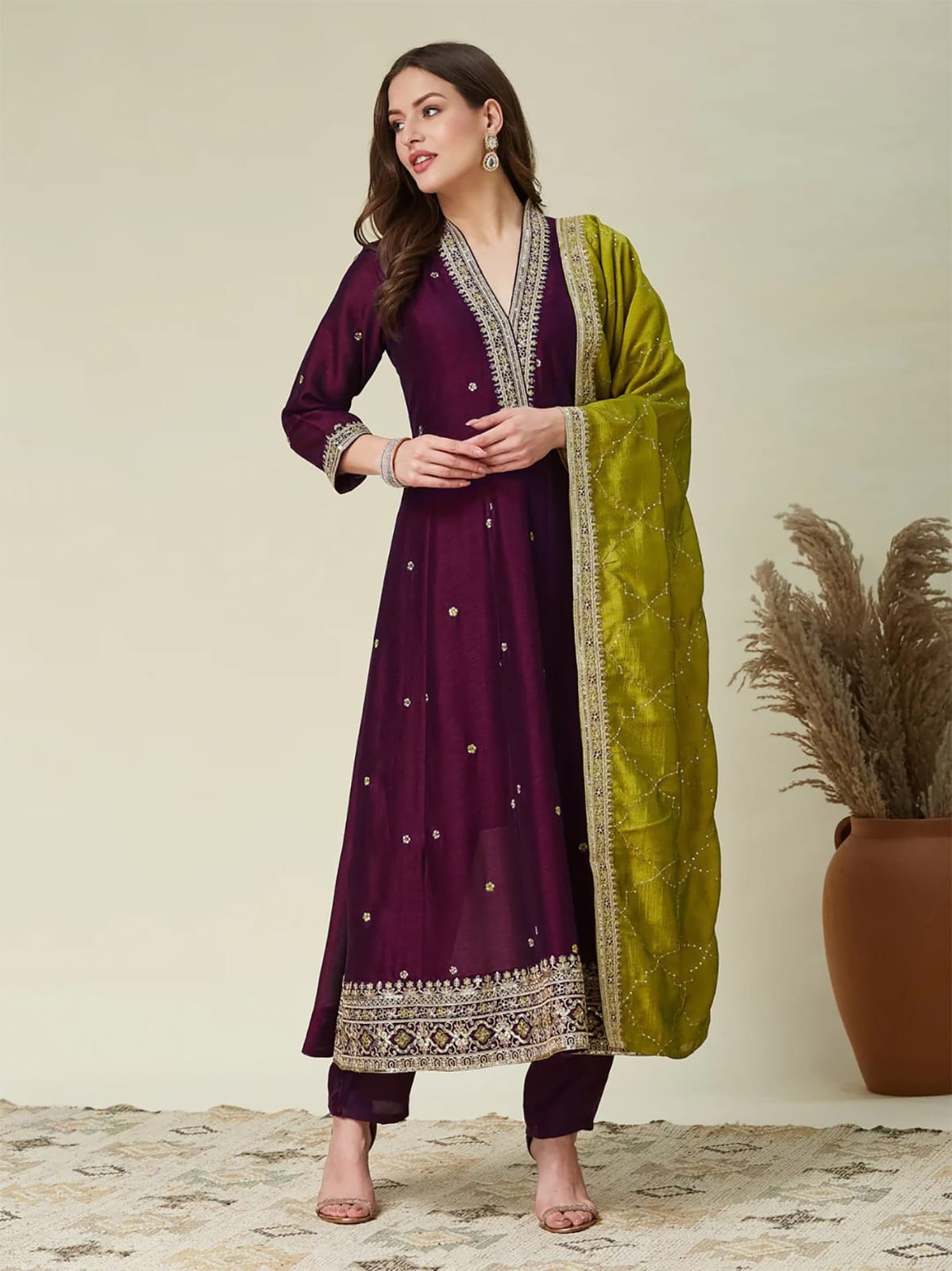 Deep Purple Embroidered Kurta Set