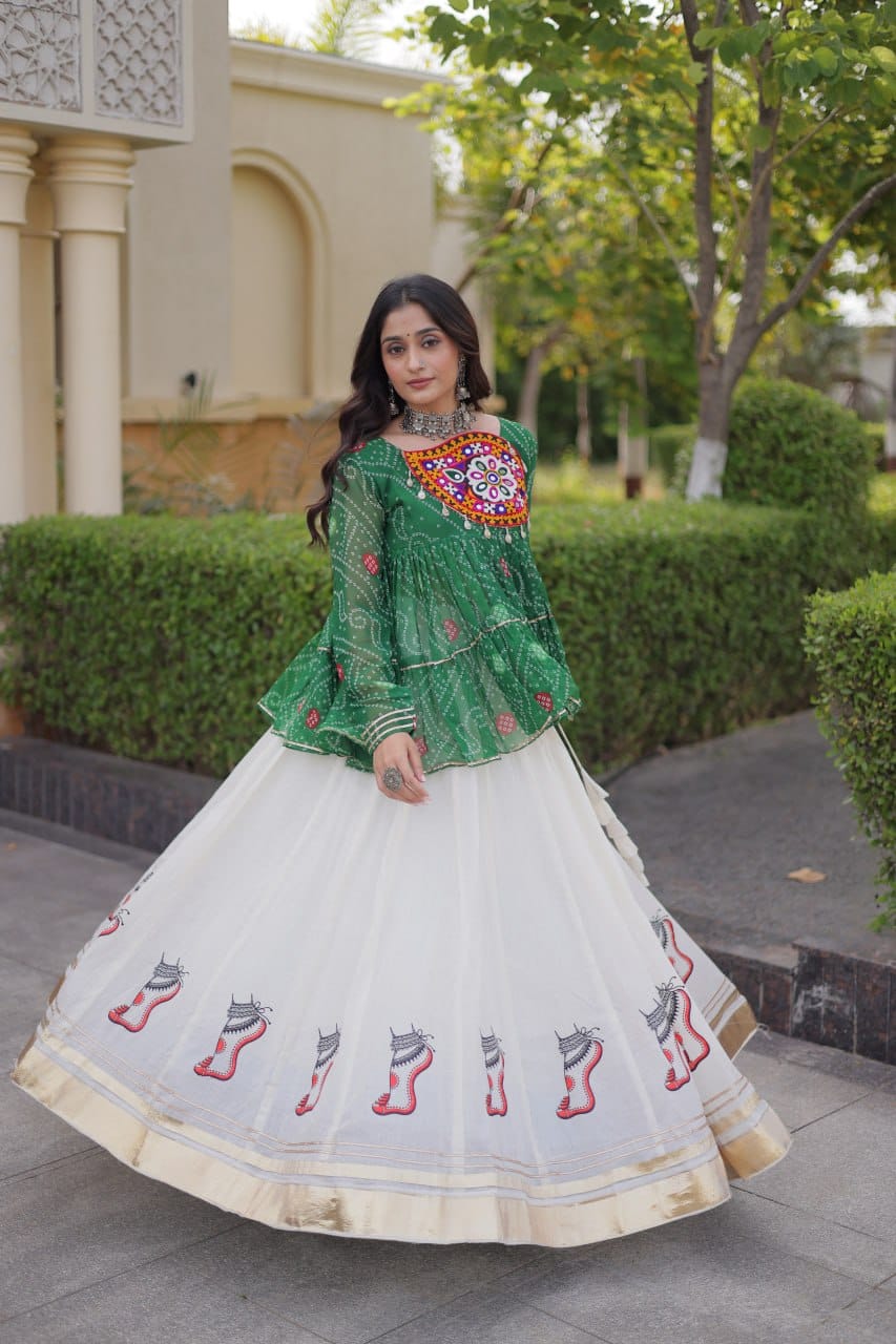Green Printed Top with White Flared Lehenga Set