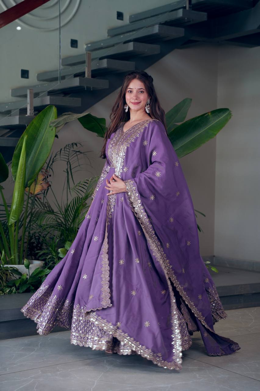 Lavender Purple Embroidered Anarkali Suit With Dupatta