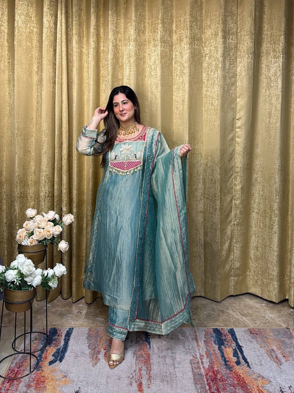 Sea Green Embroidered A-Line Cut Salsa Silk Top - Pent & dupatta set