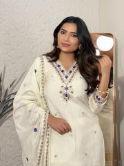 Women's Off White Embroidered Silk  Kurta Set