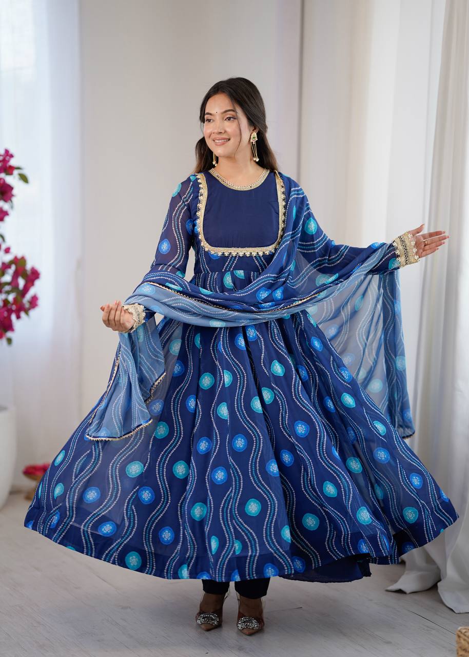 Navy Blue Printed Anarkali Suit Set with Dupatta