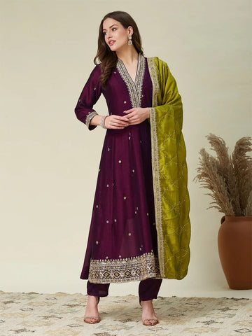 Deep Purple Embroidered Kurta Set