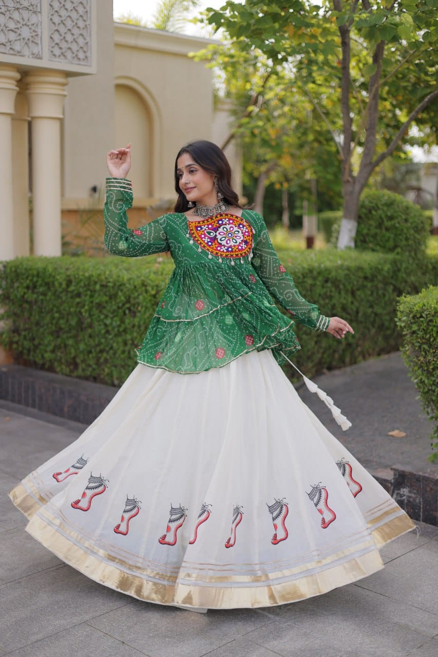 Green Printed Top with White Flared Lehenga Set