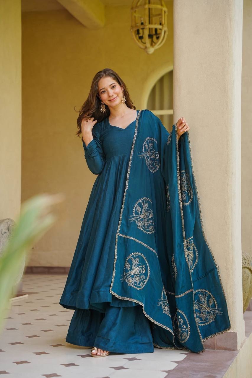 Teal Blue Embroidered Anarkali Suit Set with Dupatta