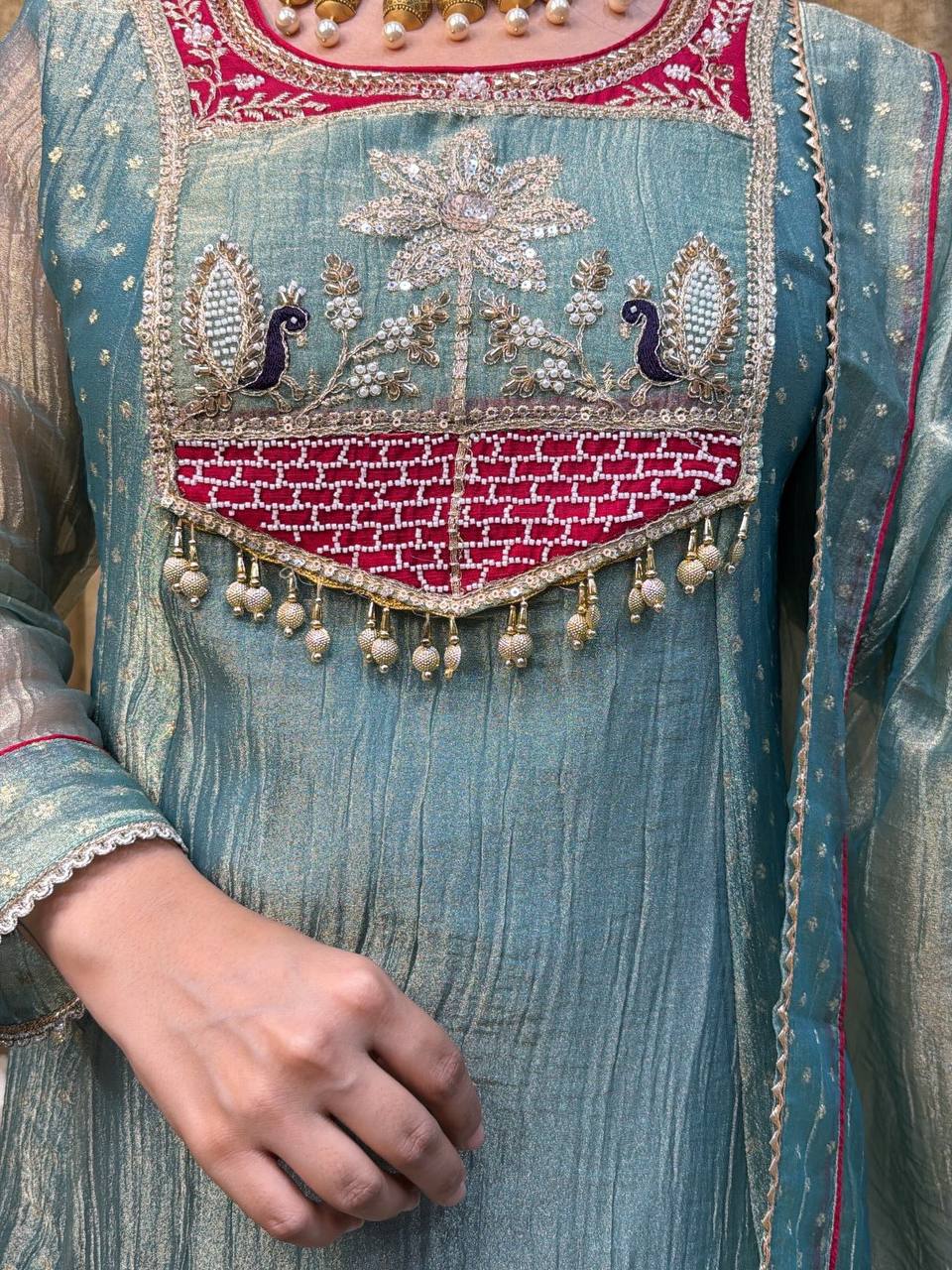 Sea Green Embroidered A-Line Cut Salsa Silk Top - Pent & dupatta set