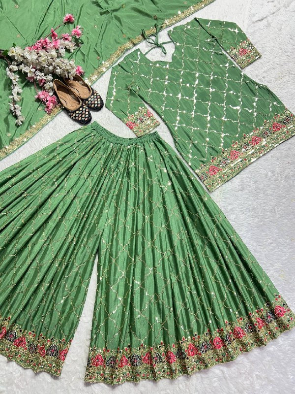Bottle Green Embroidered Sharara Suit Set with Dupatta