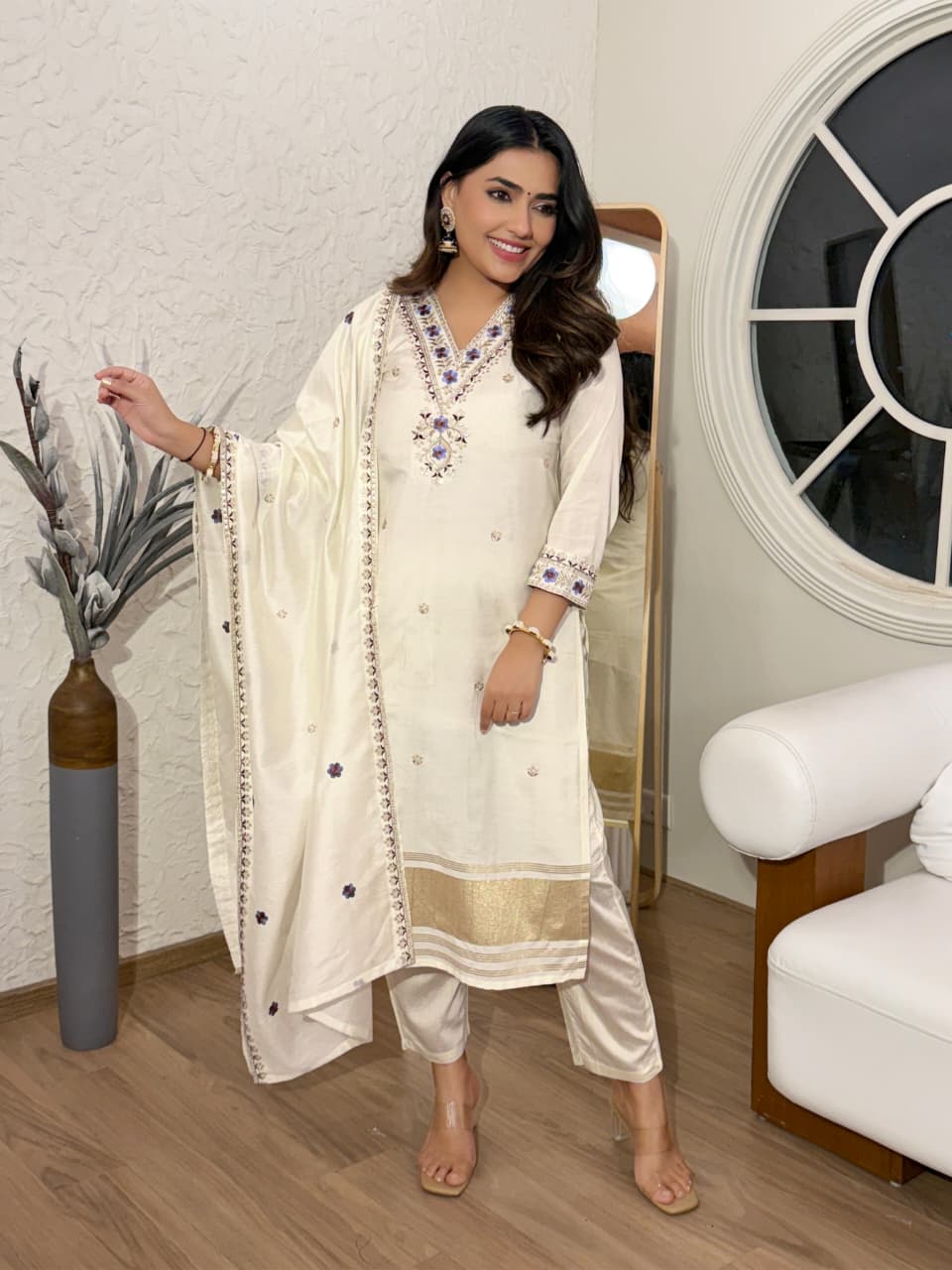 Women's Off White Embroidered Silk  Kurta Set