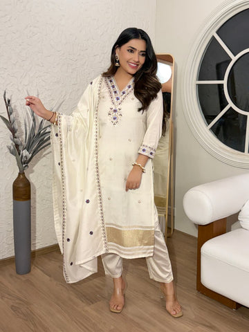 Women's Off White Embroidered Silk  Kurta Set