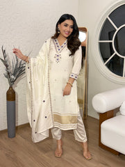 Women's Off White Embroidered Silk  Kurta Set