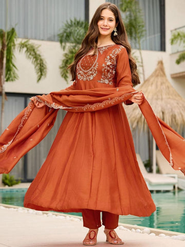 Rust Brown Embroidered Anarkali Set