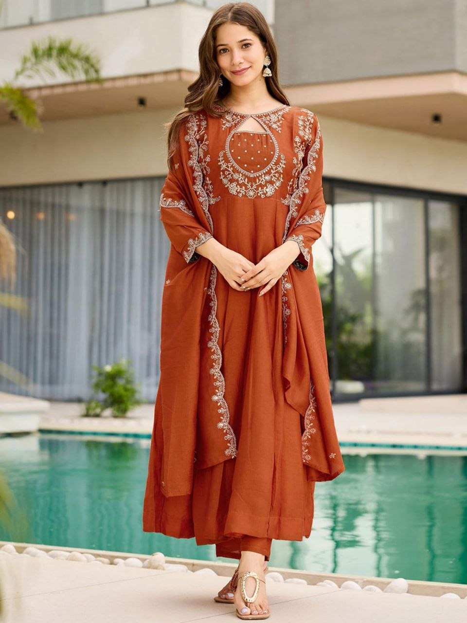 Rust Brown Embroidered Anarkali Set