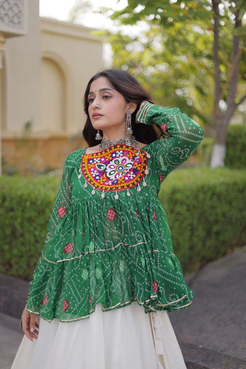 Green Printed Top with White Flared Lehenga Set