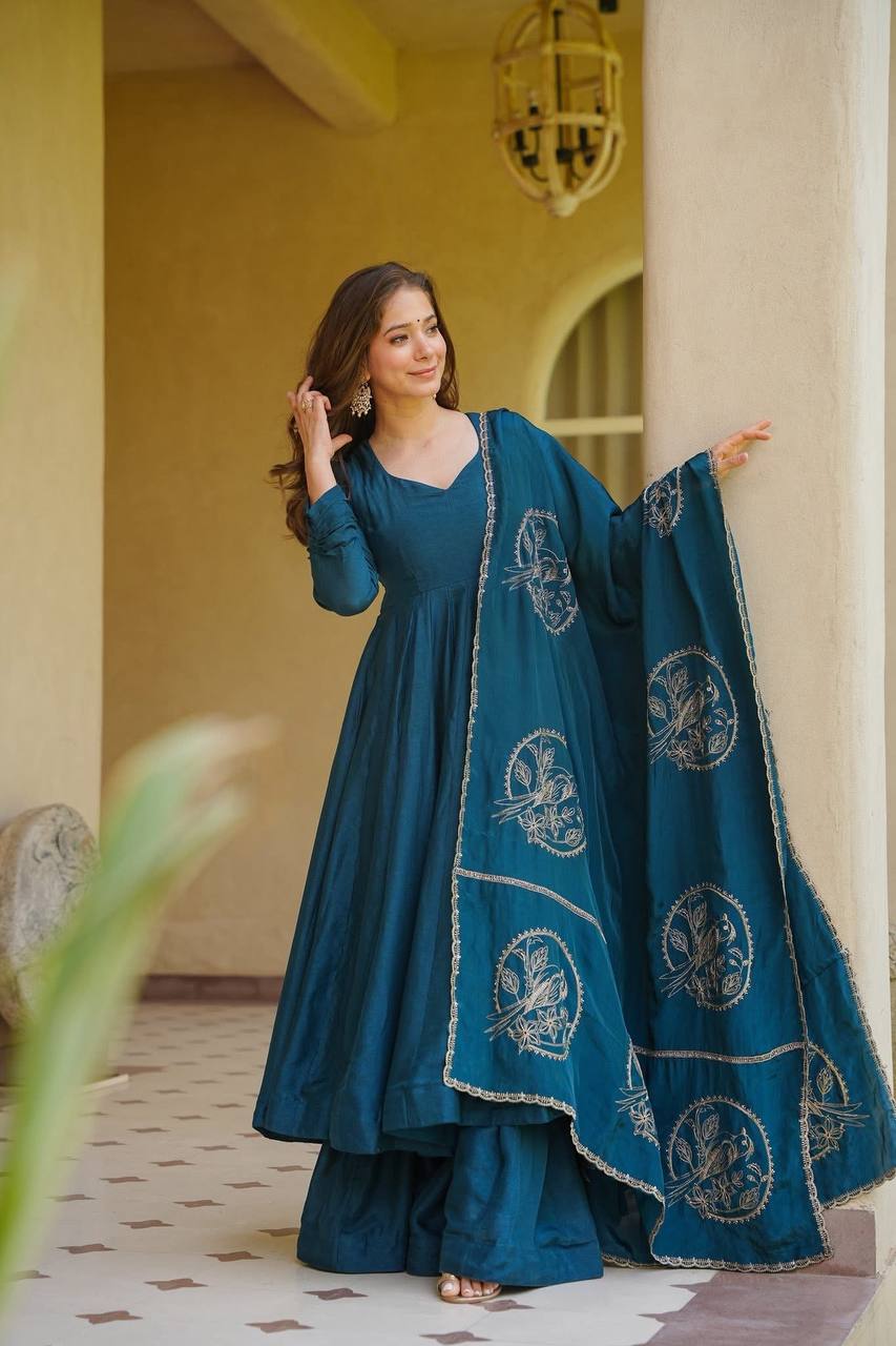 Teal Blue Embroidered Anarkali Suit Set with Dupatta