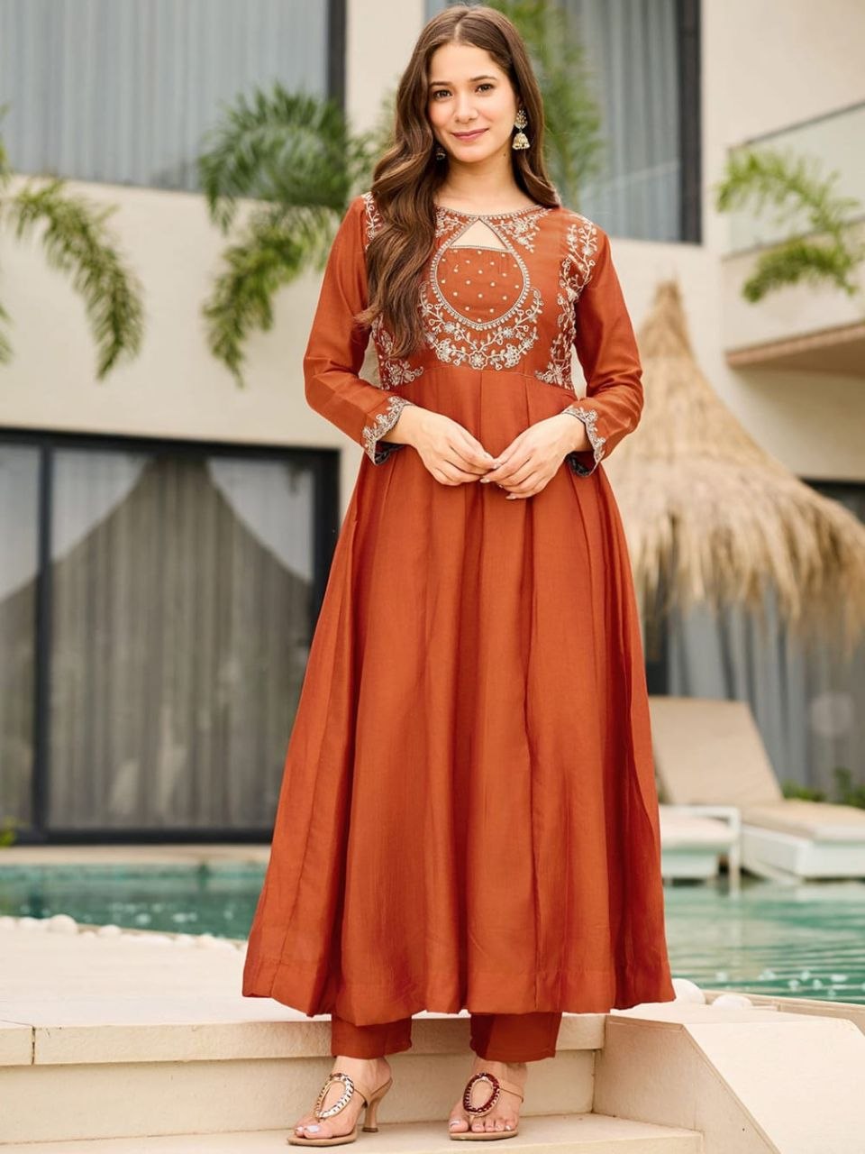 Rust Brown Embroidered Anarkali Set