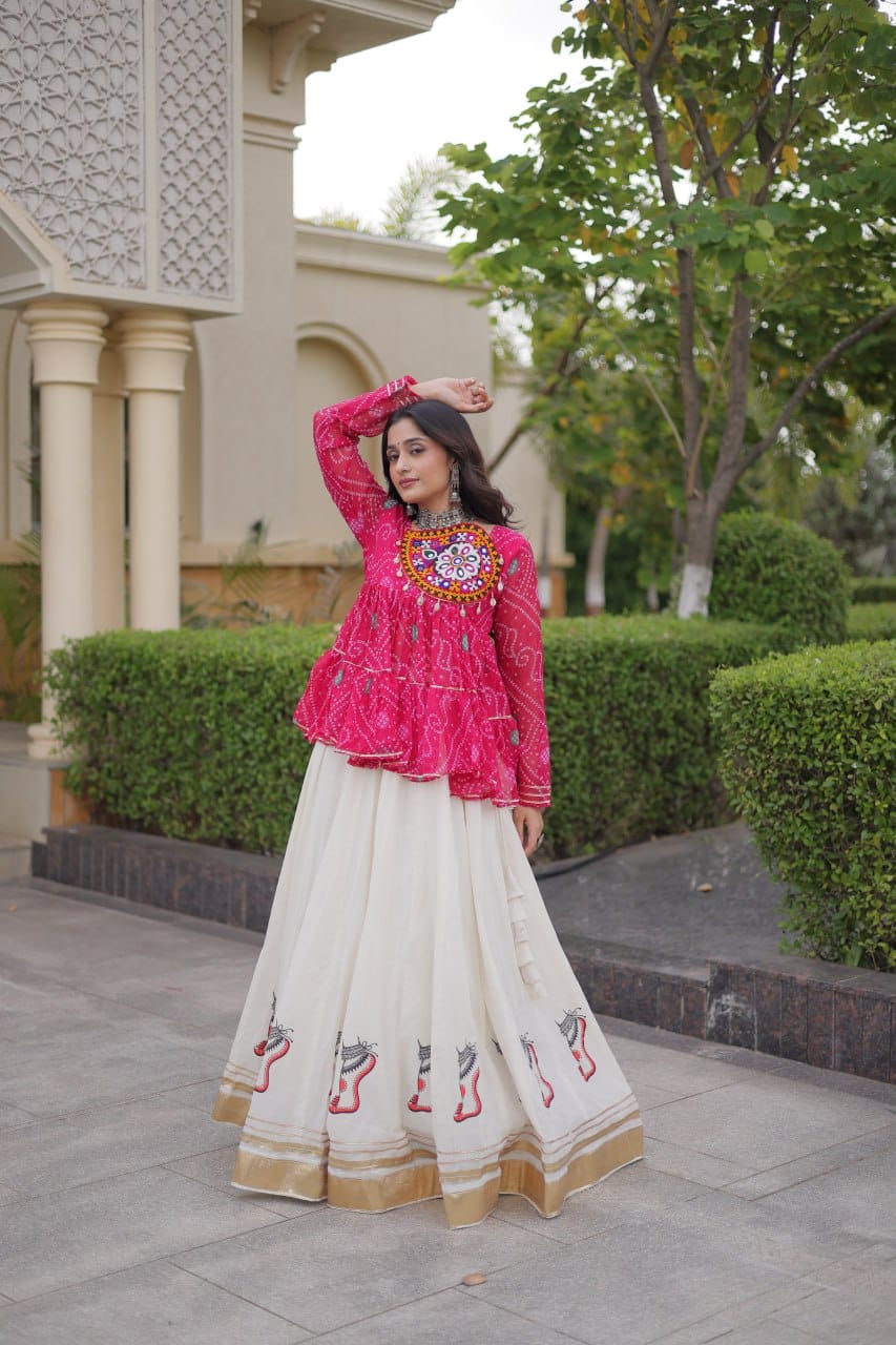 Pink Printed Koti with White Flared Lehenga Set
