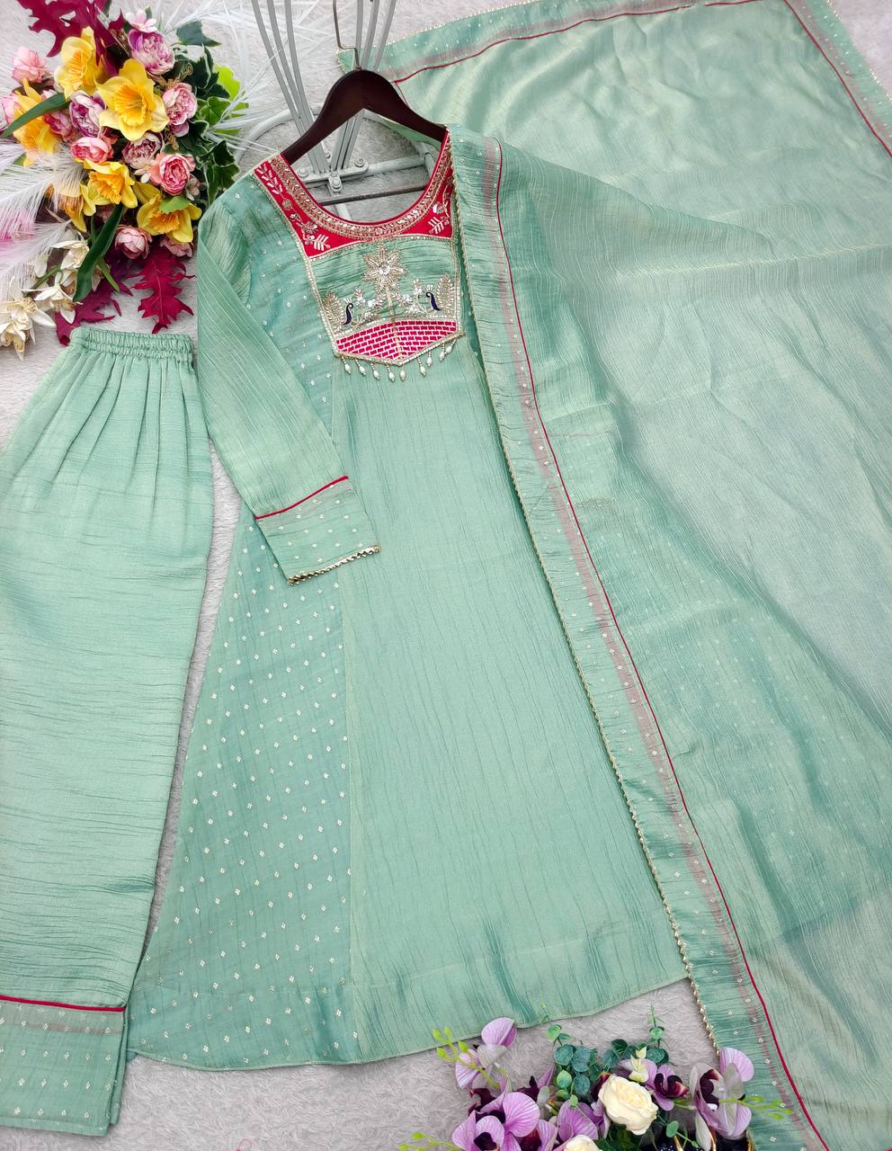 Sea Green Embroidered A-Line Cut Salsa Silk Top - Pent & dupatta set