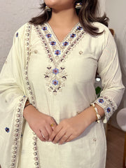 Women's Off White Embroidered Silk  Kurta Set