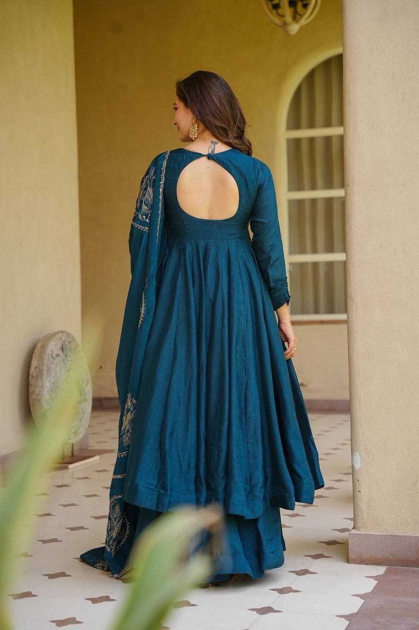 Teal Blue Embroidered Anarkali Suit Set with Dupatta