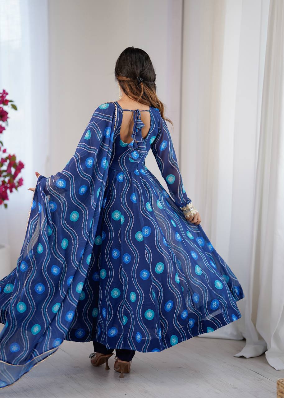 Navy Blue Printed Anarkali Suit Set with Dupatta