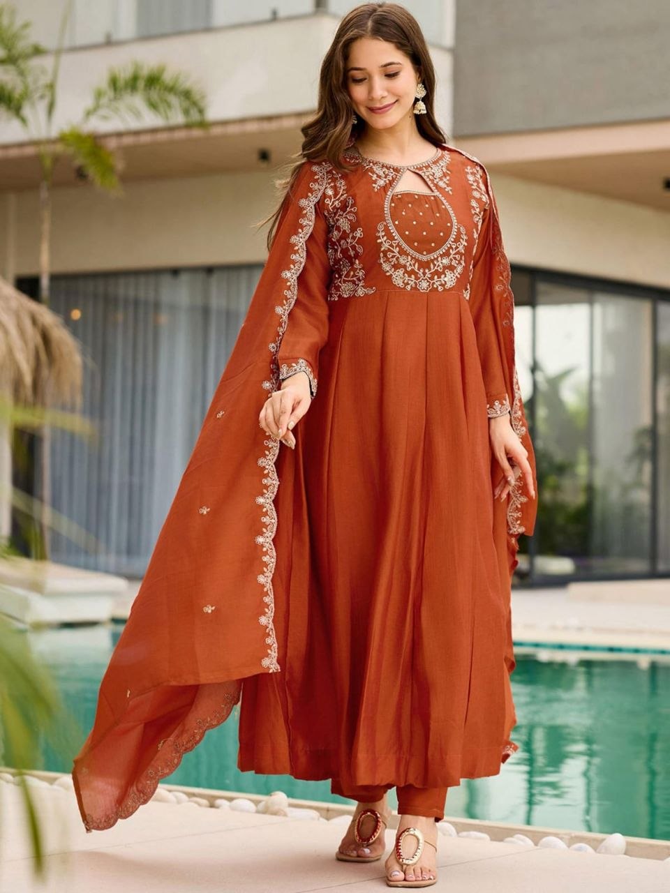 Rust Brown Embroidered Anarkali Set