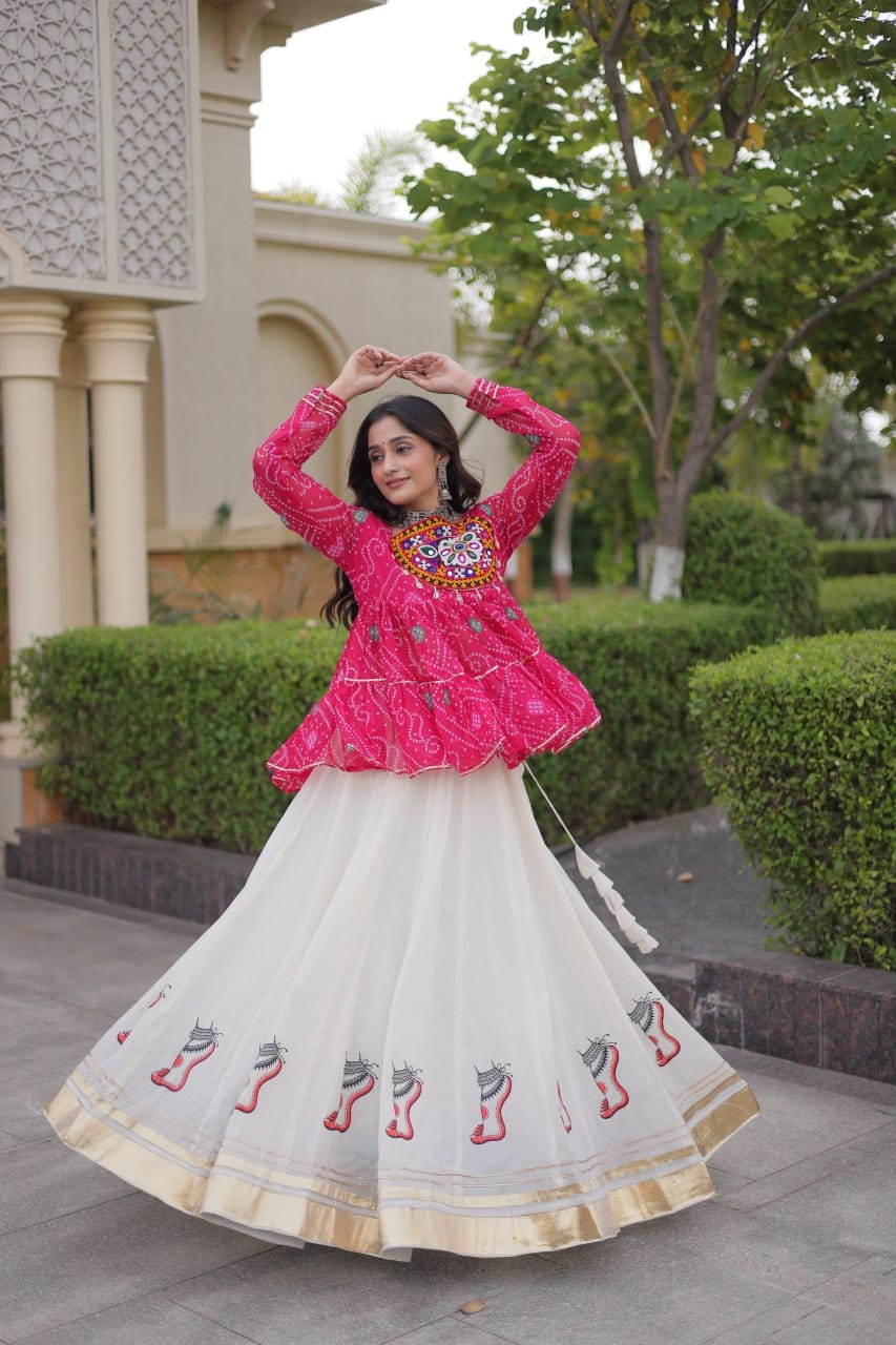 Pink Printed Koti with White Flared Lehenga Set