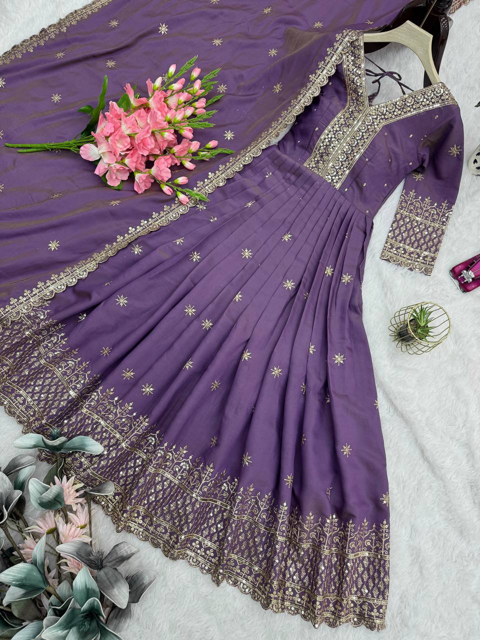 Lavender Purple Embroidered Anarkali Suit With Dupatta