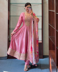 Pink Embroidered Anarkali Kurta Pant & Floral Dupatta Set