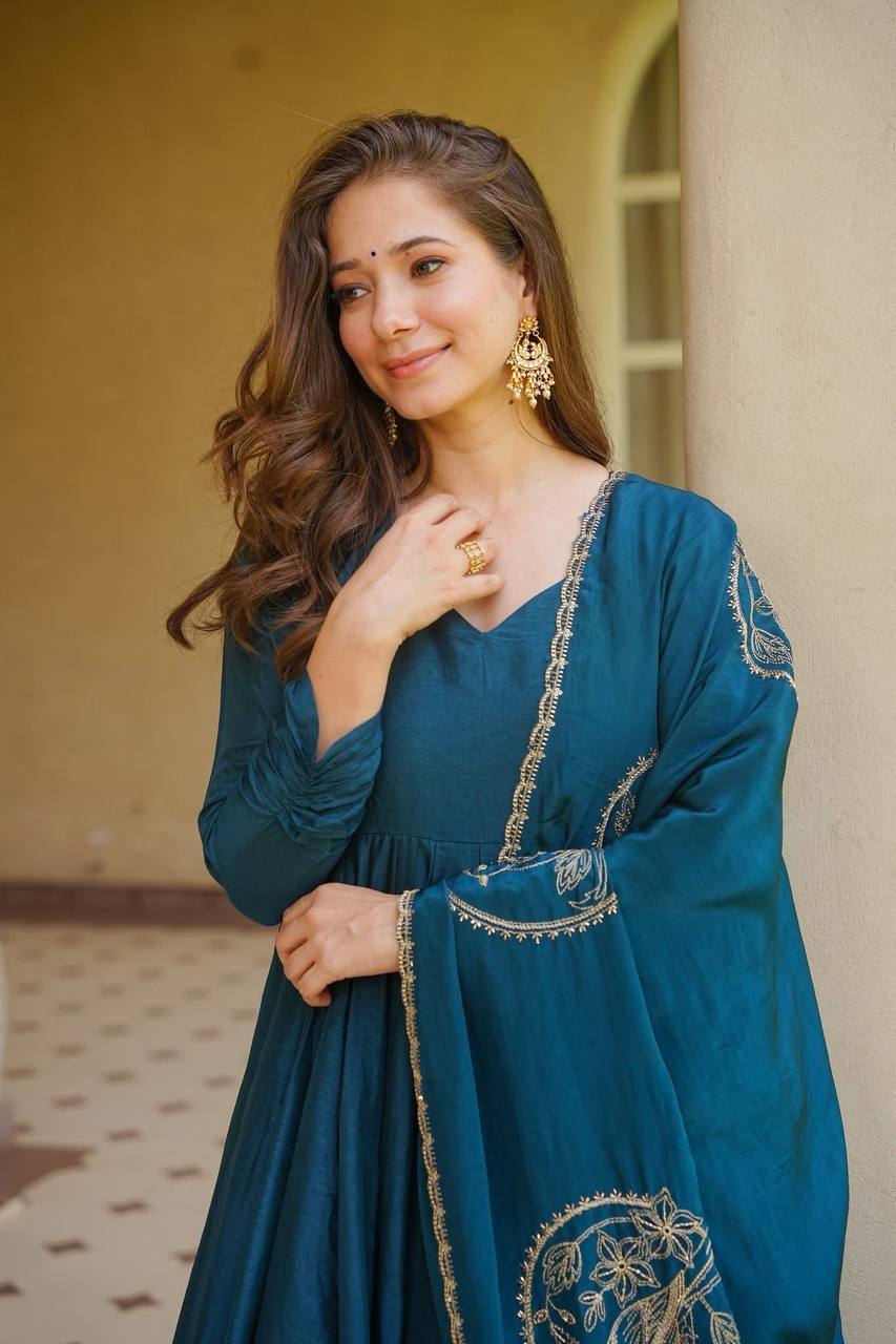 Teal Blue Embroidered Anarkali Suit Set with Dupatta