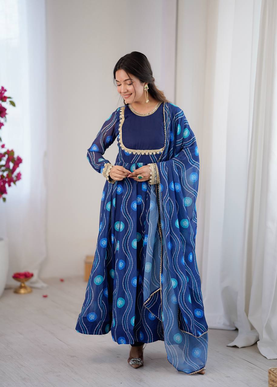 Navy Blue Printed Anarkali Suit Set with Dupatta