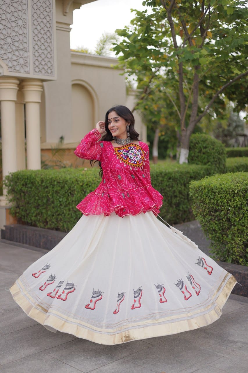 Pink Printed Koti with White Flared Lehenga Set