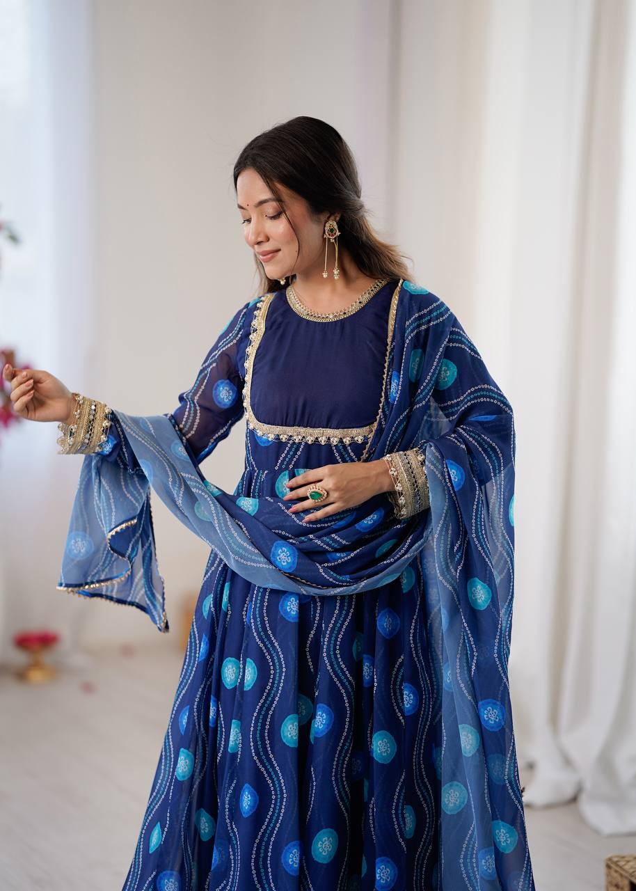 Navy Blue Printed Anarkali Suit Set with Dupatta