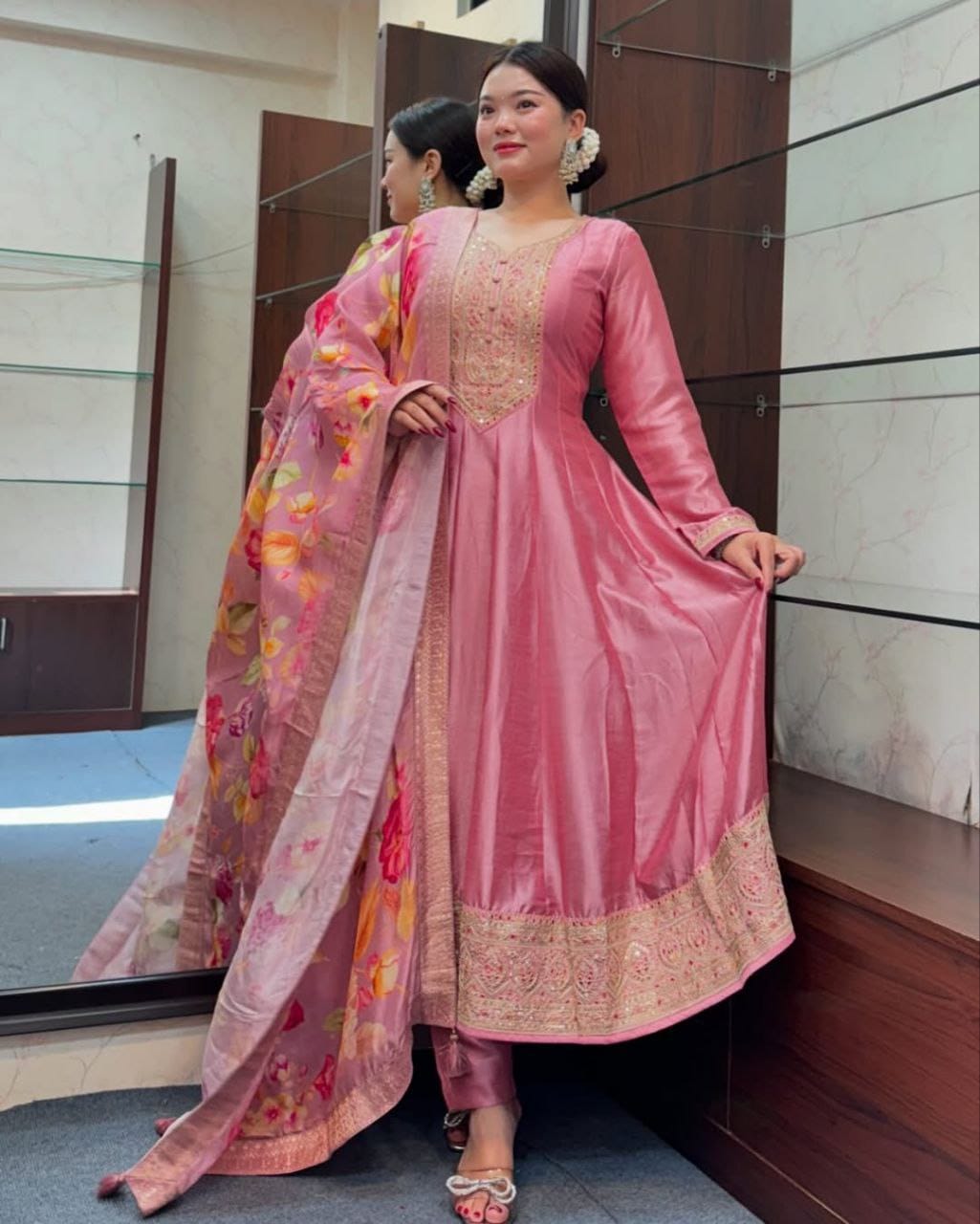 Pink Embroidered Anarkali Kurta Pant & Floral Dupatta Set