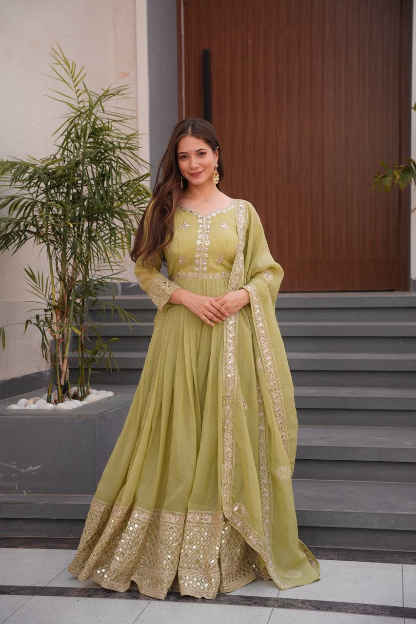 Olive green Embroidered Anarkali Gown with Dupatta