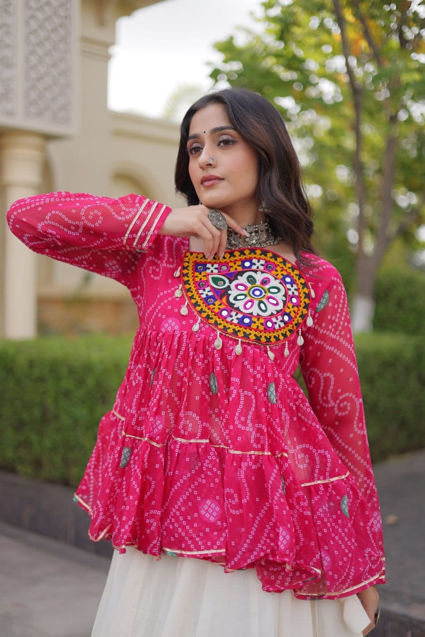 Pink Printed Koti with White Flared Lehenga Set