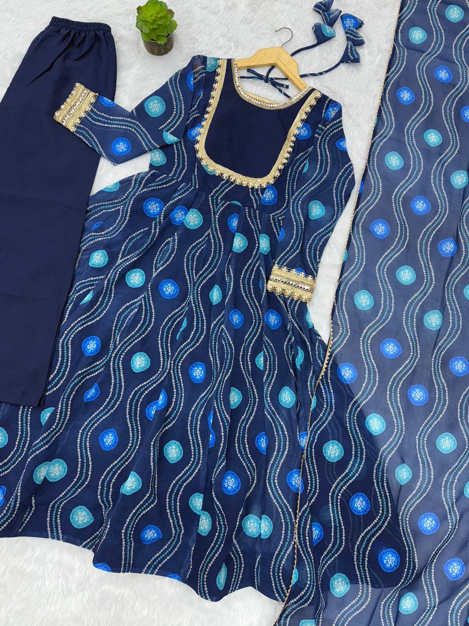 Navy Blue Printed Anarkali Suit Set with Dupatta